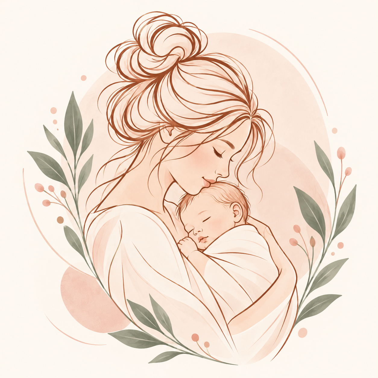 Soft pastel illustration of a mother gently holding her sleeping newborn, surrounded by sage leaves and blush accents